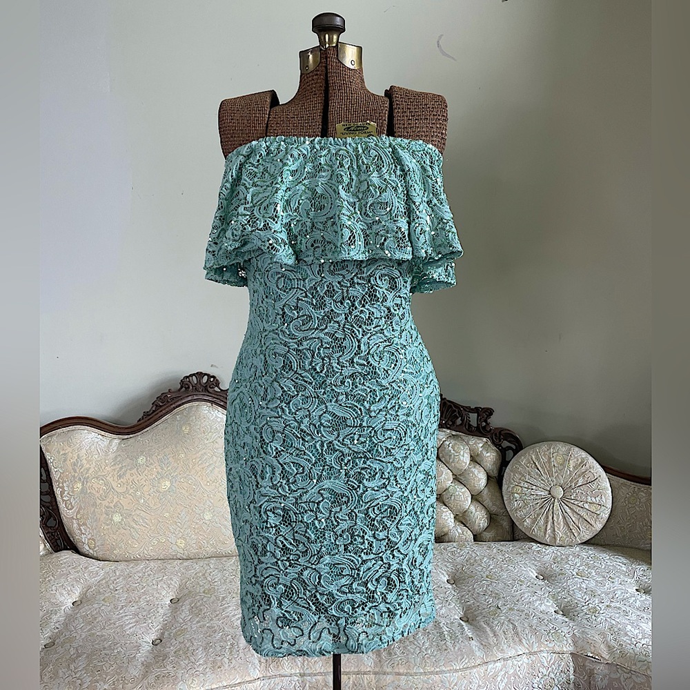 Off Shoulder, Strapless lace light green sequin dress